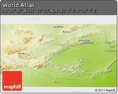 Physical 3D Map of the Area around 34° 56' 49" N, 5° 10' 30" E