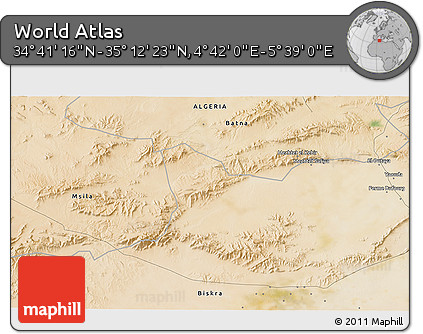 Satellite 3D Map of the Area around 34° 56' 49" N, 5° 10' 30" E