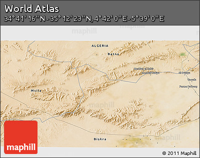 Satellite 3D Map of the Area around 34° 56' 49" N, 5° 10' 30" E