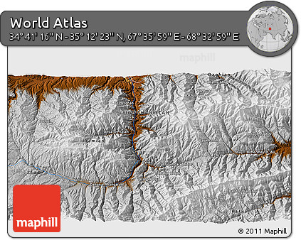Physical 3D Map of the Area around 34° 56' 49" N, 68° 4' 29" E