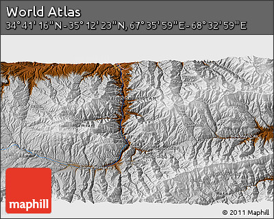 Physical 3D Map of the Area around 34° 56' 49" N, 68° 4' 29" E