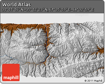 Physical 3D Map of the Area around 34° 56' 49" N, 68° 4' 29" E