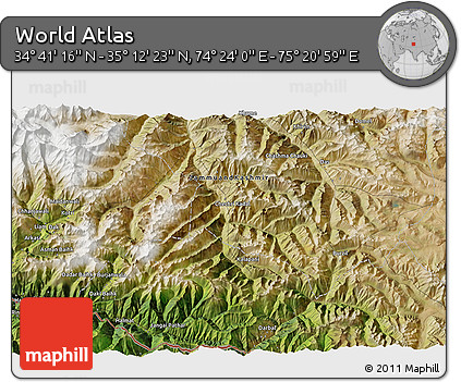 Satellite 3D Map of the Area around 34° 56' 49" N, 74° 52' 30" E