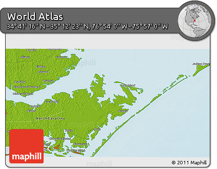 Physical 3D Map of the Area around 34° 56' 49" N, 76° 25' 30" W
