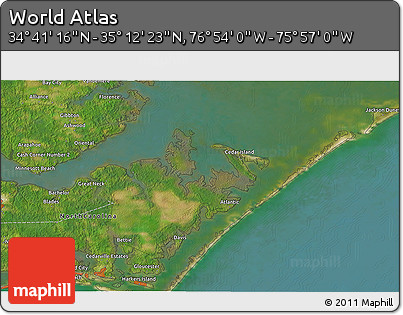 Satellite 3D Map of the Area around 34° 56' 49" N, 76° 25' 30" W