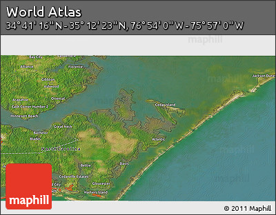 Satellite 3D Map of the Area around 34° 56' 49" N, 76° 25' 30" W