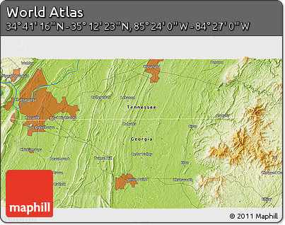 Physical 3D Map of the Area around 34° 56' 49" N, 84° 55' 30" W