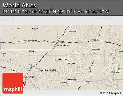 Shaded Relief 3D Map of the Area around 34° 56' 49" N, 89° 10' 30" W