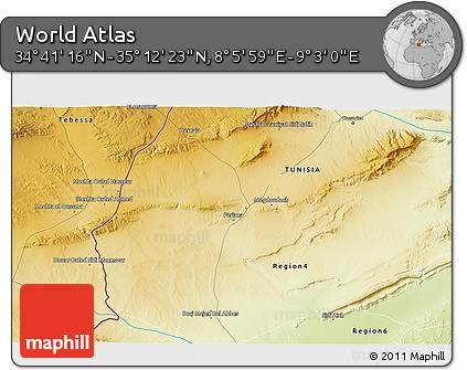 Physical 3D Map of the Area around 34° 56' 49" N, 8° 34' 29" E