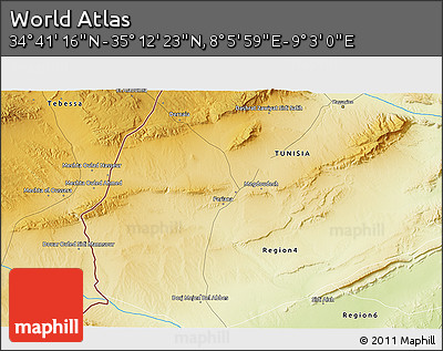 Physical 3D Map of the Area around 34° 56' 49" N, 8° 34' 29" E