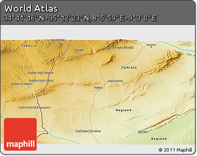 Physical 3D Map of the Area around 34° 56' 49" N, 8° 34' 29" E