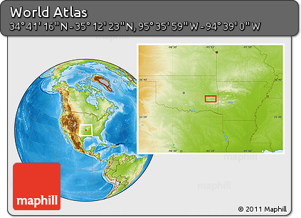 Physical Location Map of the Area around 34° 56' 49" N, 95° 7' 30" W