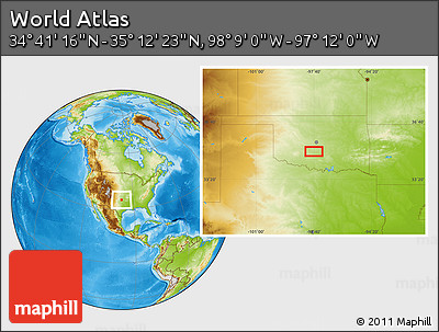 Physical Location Map of the Area around 34° 56' 49" N, 97° 40' 30" W