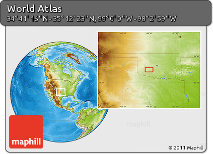 Physical Location Map of the Area around 34° 56' 49" N, 98° 31' 30" W