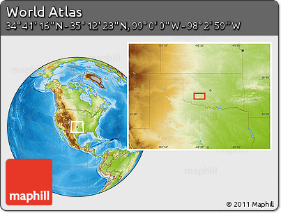 Physical Location Map of the Area around 34° 56' 49" N, 98° 31' 30" W