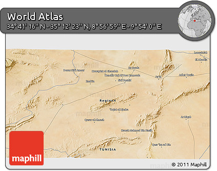 Satellite 3D Map of the Area around 34° 56' 49" N, 9° 25' 30" E