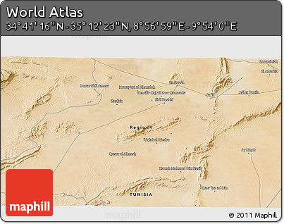 Satellite 3D Map of the Area around 34° 56' 49" N, 9° 25' 30" E