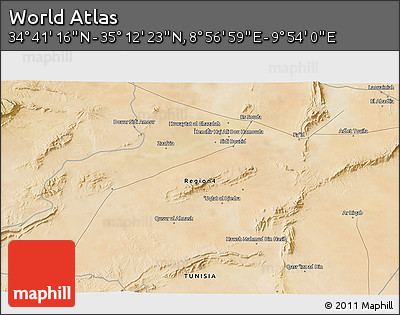 Satellite 3D Map of the Area around 34° 56' 49" N, 9° 25' 30" E