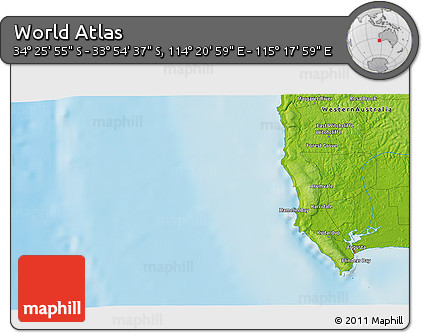 Physical 3D Map of the Area around 34° 10' 16" S, 114° 49' 29" E