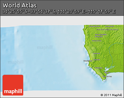 Physical 3D Map of the Area around 34° 10' 16" S, 114° 49' 29" E
