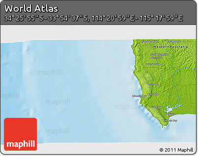 Physical 3D Map of the Area around 34° 10' 16" S, 114° 49' 29" E