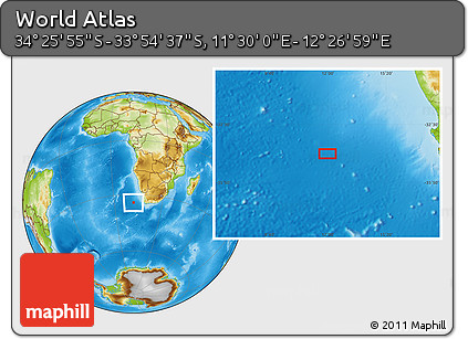 Physical Location Map of the Area around 34° 10' 16" S, 11° 58' 29" E