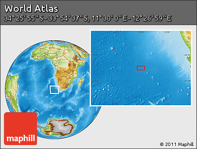 Physical Location Map of the Area around 34° 10' 16" S, 11° 58' 29" E
