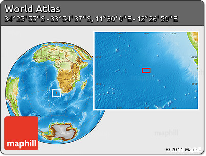 Physical Location Map of the Area around 34° 10' 16" S, 11° 58' 29" E