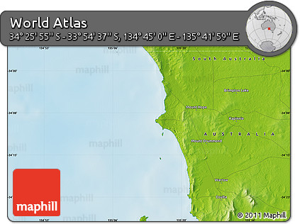 Physical Map of the Area around 34° 10' 16" S, 135° 13' 29" E