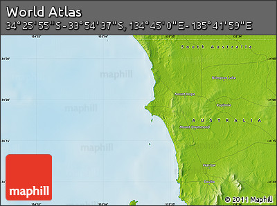 Physical Map of the Area around 34° 10' 16" S, 135° 13' 29" E