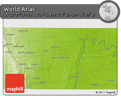 Physical 3D Map of the Area around 34° 10' 16" S, 139° 28' 29" E