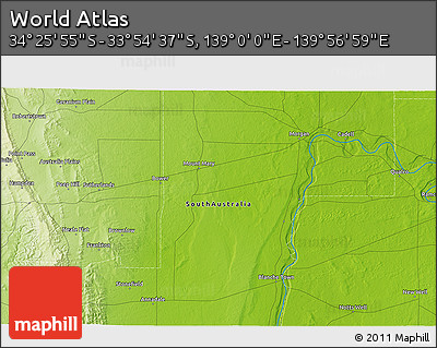 Physical 3D Map of the Area around 34° 10' 16" S, 139° 28' 29" E