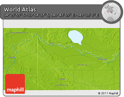 Physical 3D Map of the Area around 34° 10' 16" S, 141° 10' 30" E