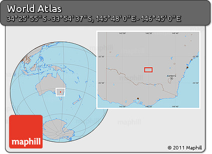 Gray Location Map of the Area around 34° 10' 16" S, 146° 16' 30" E