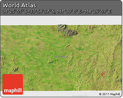 Satellite 3D Map of the Area around 34° 10' 16" S, 147° 58' 29" E