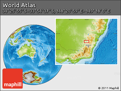 Physical Location Map of the Area around 34° 10' 16" S, 148° 49' 29" E