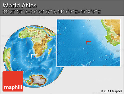 Physical Location Map of the Area around 34° 10' 16" S, 14° 31' 30" E