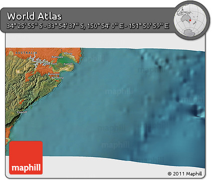 Satellite 3D Map of the Area around 34° 10' 16" S, 151° 22' 30" E