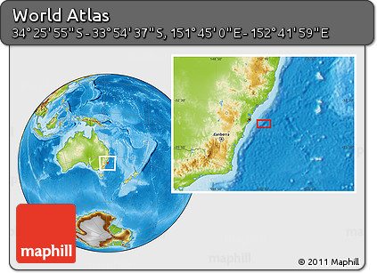 Physical Location Map of the Area around 34° 10' 16" S, 152° 13' 29" E