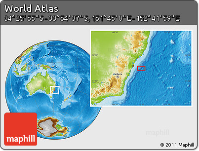 Physical Location Map of the Area around 34° 10' 16" S, 152° 13' 29" E