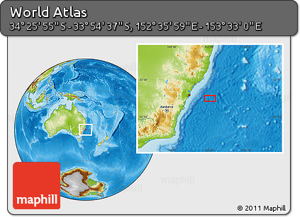 Physical Location Map of the Area around 34° 10' 16" S, 153° 4' 29" E