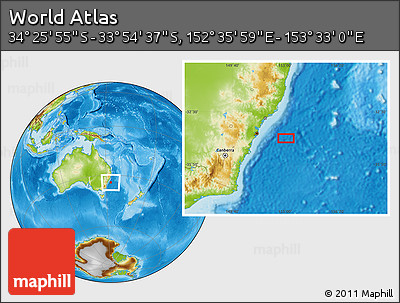 Physical Location Map of the Area around 34° 10' 16" S, 153° 4' 29" E