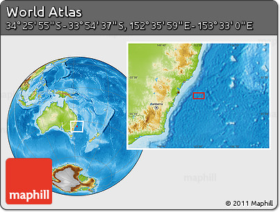 Physical Location Map of the Area around 34° 10' 16" S, 153° 4' 29" E