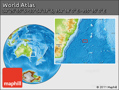Physical Location Map of the Area around 34° 10' 16" S, 154° 46' 30" E