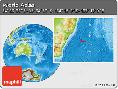 Physical Location Map of the Area around 34° 10' 16" S, 154° 46' 30" E