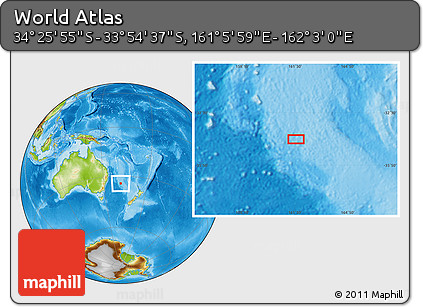 Physical Location Map of the Area around 34° 10' 16" S, 161° 34' 29" E