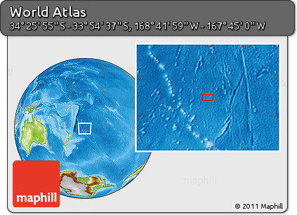 Physical Location Map of the Area around 34° 10' 16" S, 168° 13' 29" W