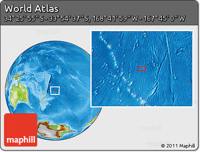 Physical Location Map of the Area around 34° 10' 16" S, 168° 13' 29" W