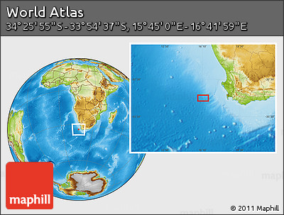 Physical Location Map of the Area around 34° 10' 16" S, 16° 13' 30" E