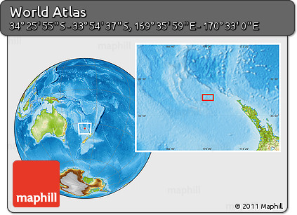 Physical Location Map of the Area around 34° 10' 16" S, 170° 4' 29" E